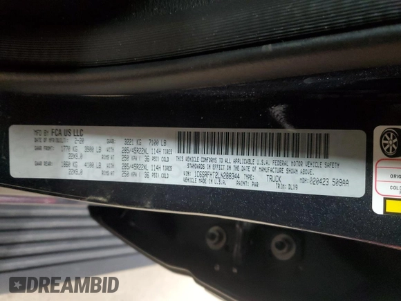 2020 Ram 1500 Limited with VIN 1C6SRFHT2LN288344, listed as a Copart auction lot 53496425 with 72,300 mi miles and Salvage title. Bid and sale history available at DreamBid. Image 14.