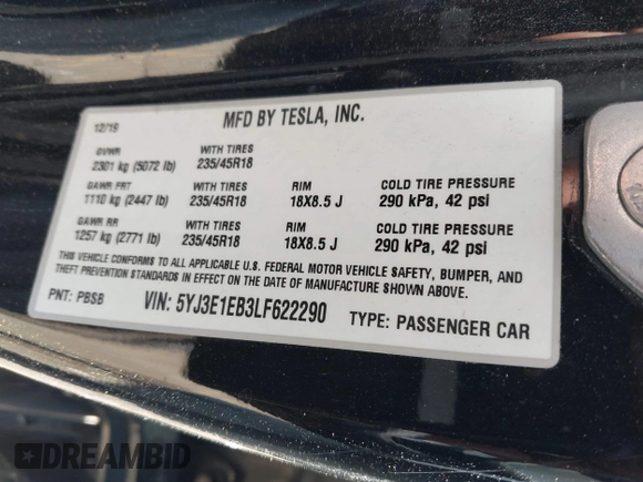 2020 Tesla Model 3 Long Range z VIN 5YJ3E1EB3LF622290, wystawiony jako IAAI lot #41978398 z przebiegiem 59 127 mil mil oraz . Historia ofert i sprzedaży dostępna na DreamBid. Obrazek 9.