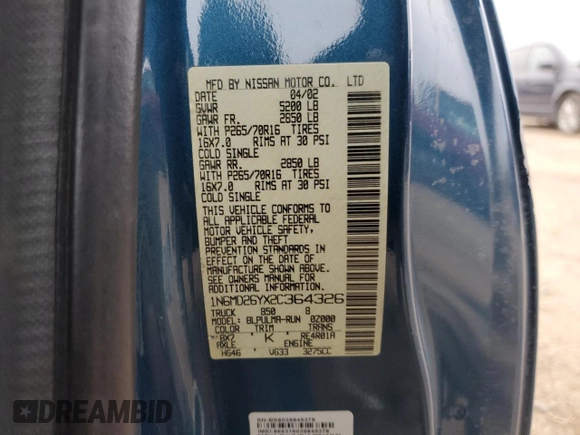 2002 Nissan Frontier 4WD SVE SuperCharger with VIN 1N6MD26YX2C364326, listed as a Copart auction lot 83408924 with 0 mi miles and Salvage Title. Bid and sale history available at carsss.com. Image 14.