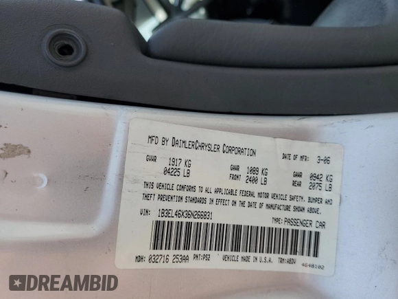 2006 Dodge Stratus SXT z VIN 1B3EL46X36N266831, wystawiony jako Copart lot #41537065 z przebiegiem 217 920 mil mil oraz Szkoda całkowita • Salvage title. Historia ofert i sprzedaży dostępna na DreamBid. Obrazek 15.