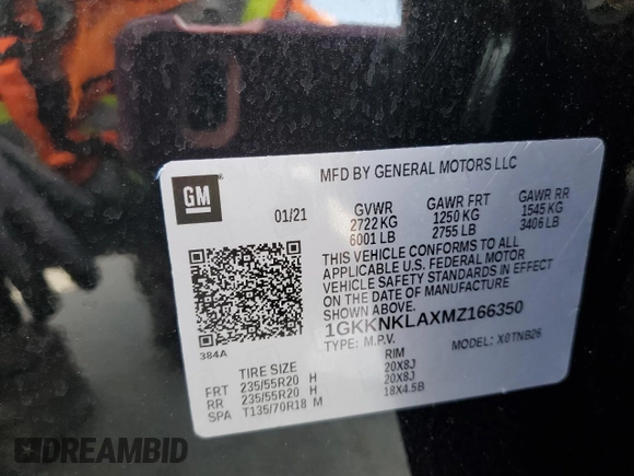 2021 GMC Acadia SLE with VIN 1GKKNKLAXMZ166350, listed as a Copart auction lot 56819585 with 35,668 mi miles and Salvage title. Bid and sale history available at DreamBid. Image 13.