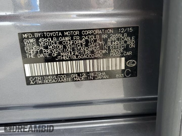 2016 Lexus GS 350 with VIN JTHBZ1BL6GA002480, listed as a Copart auction lot 55603185 with 8,540 mi miles and Salvage title. Bid and sale history available at DreamBid. Image 13.