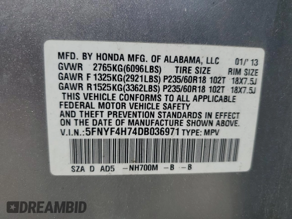 2013 Honda Pilot EX-L z VIN 5FNYF4H74DB036971, wystawiony jako Copart lot #57299475 z przebiegiem 119 243 mil mil oraz Czysty tytuł • Clean title. Historia ofert i sprzedaży dostępna na DreamBid. Obrazek 13.