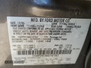 2006 Ford Five Hundred SEL with VIN 1FAFP24136G147262, listed as a Copart auction lot 74122114 with 0 mi miles and Salvage Title. Bid and sale history available at carsss.com. Image 14.