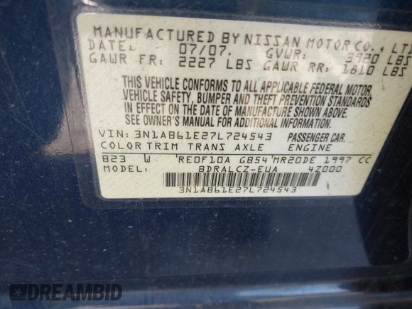 2007 Nissan Sentra 2.0 with VIN 3N1AB61E27L724543, listed as a IAAI auction lot 42141965 with Not Provided miles and . Bid and sale history available at DreamBid. Image 9.
