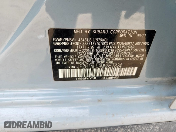 2021 Subaru Crosstrek Premium with VIN JF2GTAEC9MH657824, listed as a Copart auction lot 60676105 with 55,958 mi miles and Salvage title. Bid and sale history available at DreamBid. Image 14.