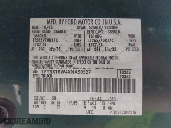 1999 Ford F-150 with VIN 1FTRX18W4XNA50527, listed as a IAAI auction lot 42563746 with 213,959 mi miles and . Bid and sale history available at DreamBid. Image 9.