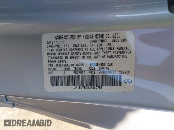 2018 Infiniti Q60 Luxe with VIN JN1EV7EK9JM340755, listed as a IAAI auction lot 41870273 with 82,275 mi miles and . Bid and sale history available at carsss.com. Image 9.