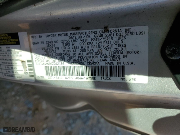 2006 Toyota Tacoma PreRunner with VIN 5TETU62N36Z312156, listed as a Copart auction lot 43220145 with NaN miles and Salvage Title. Bid and sale history available at carsss.com. Image 12.