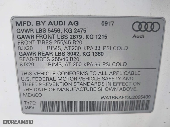 2018 Audi Q5 Premium Plus with VIN WA1BNAFY3J2065499, listed as a IAAI auction lot 41936349 with 121,667 mi miles. Bid and sale history available at carsss.com. Image 9.