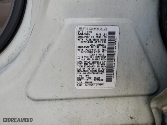 2006 Nissan Murano SL with VIN JN8AZ08T96W405907, listed as a Copart auction lot 84817324 with 128,416 mi miles and Clean Title. Bid and sale history available at carsss.com. Image 13.