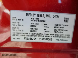 2024 Tesla Model S with VIN 5YJSA1E51RF537362, listed as a Copart auction lot 46931465 with 19,467 mi miles and Salvage Title. Bid and sale history available at carsss.com. Image 13.