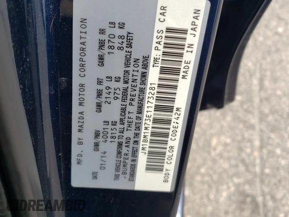 2014 Mazda 3 i Grand Touring with VIN JM1BM1M73E1173281, listed as a Copart auction lot 53164215 with 227,983 mi miles and Salvage Title. Bid and sale history available at DreamBid. Image 12.