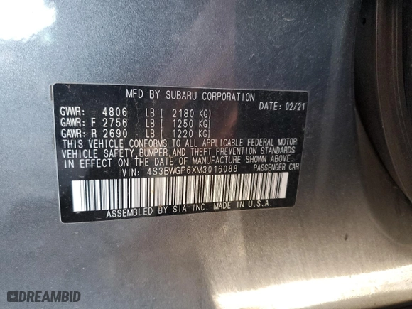 2021 Subaru Legacy Touring XT with VIN 4S3BWGP6XM3016088, listed as a Copart auction lot 82900464 with 36,416 mi miles and Salvage Title. Bid and sale history available at carsss.com. Image 15.