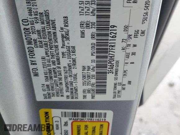2015 Ford Fusion SE z VIN 3FA6P0H77FR116219, wystawiony jako Copart lot #62817115 z przebiegiem 203 855 mil mil oraz Szkoda całkowita • Salvage title. Historia ofert i sprzedaży dostępna na DreamBid. Obrazek 12.