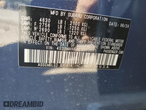2025 Subaru Legacy Limited with VIN 4S3BWAN68S3003871, listed as a Copart auction lot 74553034 with 938 mi miles and Salvage title. Bid and sale history available at DreamBid. Image 13.