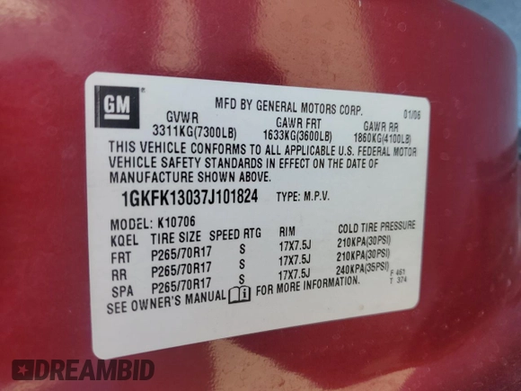 2007 GMC Yukon SLT with VIN 1GKFK13037J101824, listed as a Copart auction lot 77865294 with 179,884 mi miles and Salvage Title. Bid and sale history available at DreamBid. Image 13.
