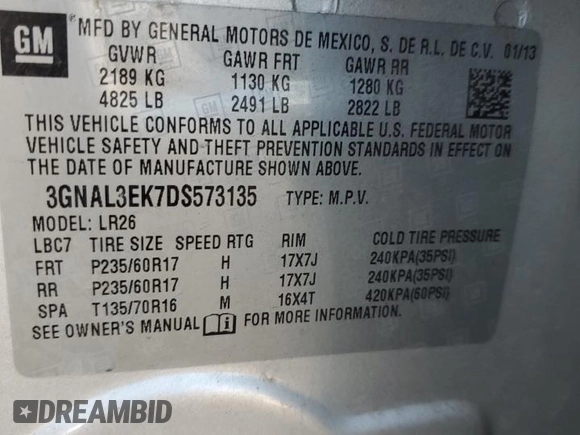 2013 Chevrolet Captiva Sport LT with VIN 3GNAL3EK7DS573135, listed as a Copart auction lot 69712314 with 138,677 mi miles and Clean Title. Bid and sale history available at DreamBid. Image 13.