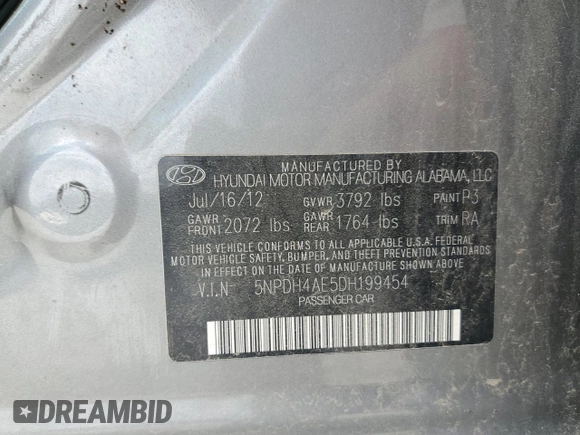 2013 Hyundai Elantra GLS with VIN 5NPDH4AE5DH199454, listed as a Copart auction lot 58515715 with 141,717 mi miles and Salvage title. Bid and sale history available at DreamBid. Image 12.