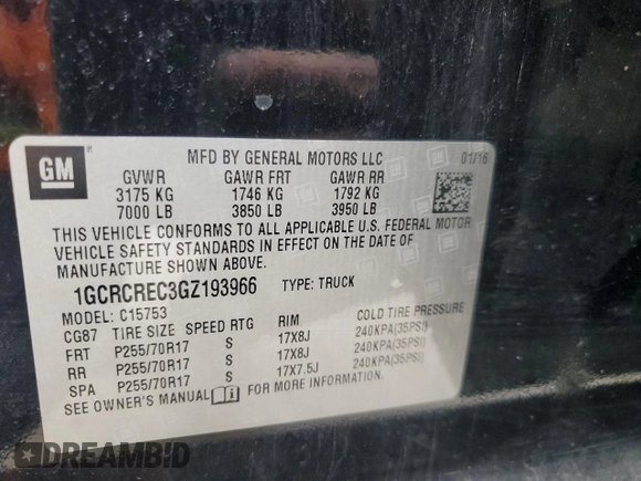 2016 Chevrolet Silverado 1500 LT with VIN 1GCRCREC3GZ193966, listed as a Copart auction lot 46345815 with 95,916 mi miles and Salvage Title. Bid and sale history available at DreamBid. Image 12.