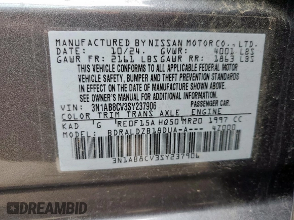 2025 Nissan Sentra SV z VIN 3N1AB8CV3SY237906, wystawiony jako Copart lot #60637065 z przebiegiem 16 937 mil mil oraz Czysty tytuł • Clean title. Historia ofert i sprzedaży dostępna na DreamBid. Obrazek 13.