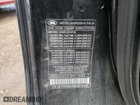 2008 Land Rover LR3 HSE with VIN SALAG25408A474083, listed as a Copart auction lot 59713975 with 117,075 mi miles and Salvage title. Bid and sale history available at DreamBid. Image 13.