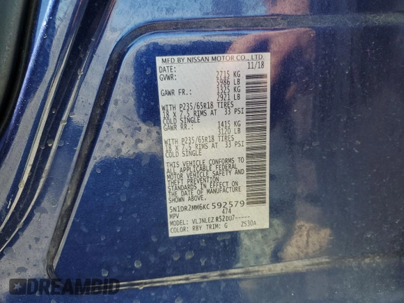 2019 Nissan Pathfinder S with VIN 5N1DR2MM6KC592579, listed as a Copart auction lot 63622475 with 150,248 mi miles and Salvage title. Bid and sale history available at DreamBid. Image 13.