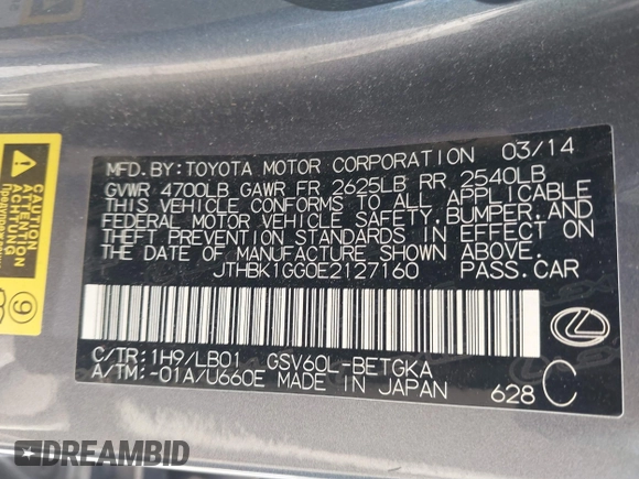 2014 Lexus ES 350 with VIN JTHBK1GG0E2127160, listed as a IAAI auction lot 41671108 with 130,255 mi miles. Bid and sale history available at carsss.com. Image 9.