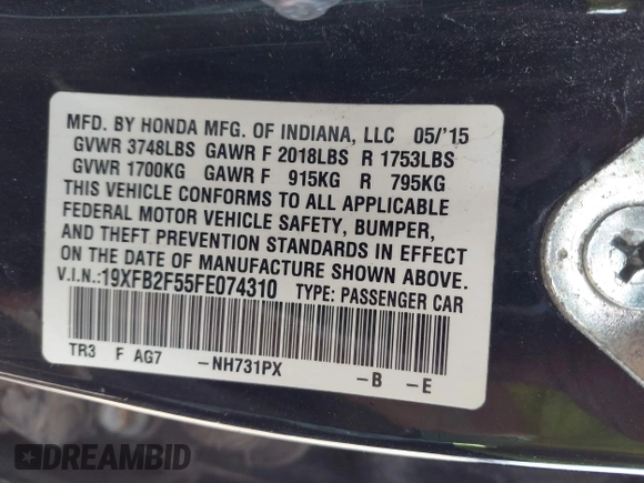 2015 Honda Civic LX with VIN 19XFB2F55FE074310, listed as a IAAI auction lot 42070495 with 141,943 mi miles and . Bid and sale history available at DreamBid. Image 9.
