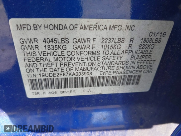 2019 Acura ILX w/Premium/A-Spec Pkg with VIN 19UDE2F87KA003908, listed as a IAAI auction lot 41673179 with 72,505 mi miles. Bid and sale history available at carsss.com. Image 9.