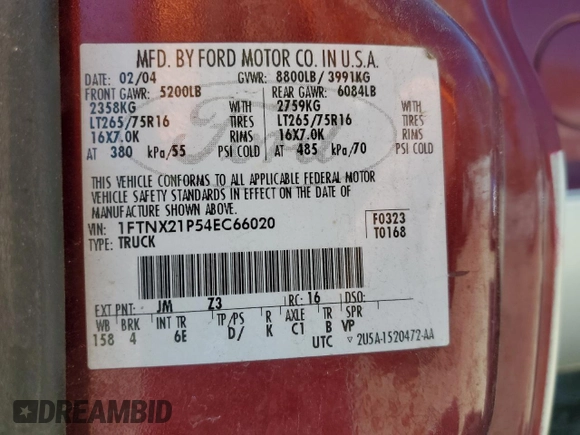2004 Ford F-250 XL with VIN 1FTNX21P54EC66020, listed as a Copart auction lot 52016515 with 337,412 mi miles and Salvage title. Bid and sale history available at DreamBid. Image 12.