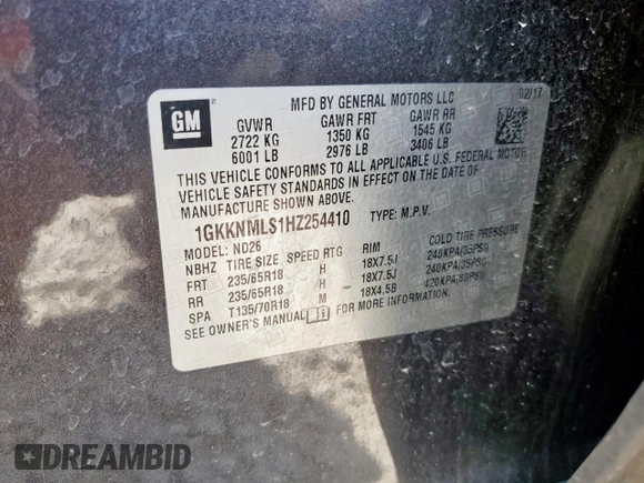 2017 GMC Acadia SLT with VIN 1GKKNMLS1HZ254410, listed as a Copart auction lot 58330625 with 195,027 mi miles and Salvage title. Bid and sale history available at DreamBid. Image 13.
