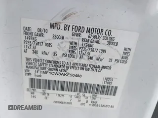 2010 Ford F-150 XL with VIN 1FTMF1CW8AKE50488, listed as a IAAI auction lot 42467473 with 213,987 mi miles and . Bid and sale history available at DreamBid. Image 9.