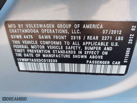 2013 Volkswagen Passat SE with VIN 1VWBP7A3XDC013233, listed as a IAAI auction lot 41771761 with 109,397 mi miles. Bid and sale history available at carsss.com. Image 9.