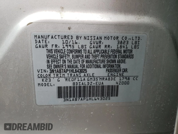 2017 Nissan Sentra SV with VIN 3N1AB7AP1HL643025, listed as a Copart auction lot 51270135 with 160,373 mi miles and Non Repairable. Bid and sale history available at carsss.com. Image 13.