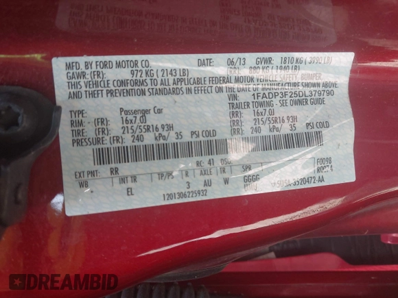 2013 Ford Focus SE with VIN 1FADP3F25DL379790, listed as a IAAI auction lot 42682997 with 126,589 mi miles and . Bid and sale history available at DreamBid. Image 9.