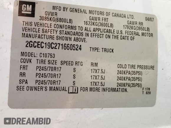 2007 Chevrolet Silverado 1500 LT w/1LT with VIN 2GCEC19C271660524, listed as a Copart auction lot 88165415 with 0 mi miles and Salvage Title. Bid and sale history available at carsss.com. Image 12.