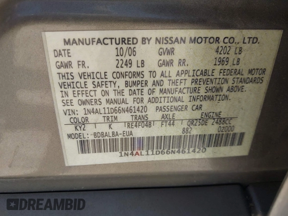 2006 Nissan Altima 2.5 with VIN 1N4AL11D66N461420, listed as a IAAI auction lot 42063645 with 211,266 mi miles. Bid and sale history available at carsss.com. Image 9.