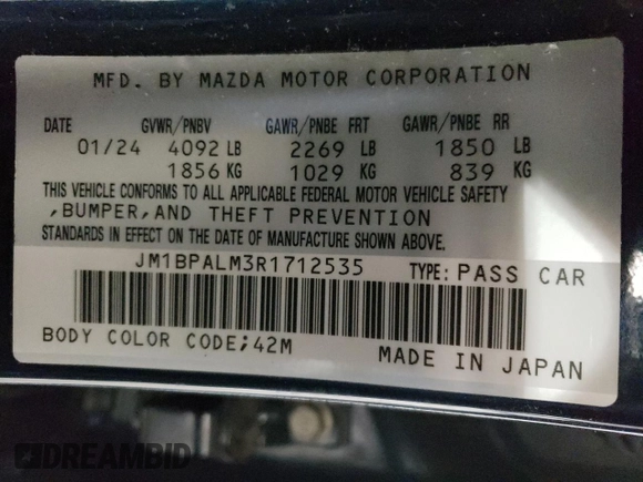 2024 Mazda 3 S Preferred with VIN JM1BPALM3R1712535, listed as a Copart auction lot 84001784 with 19,994 mi miles and Clean title. Bid and sale history available at DreamBid. Image 12.