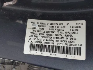 2013 Honda Accord EX с VIN 1HGCR2F70DA022309, выставлен на аукционе IAAI как лот 42310699 с пробегом 163 516 миль миль и . История ставок и продаж доступна на DreamBid. Изображение 9.