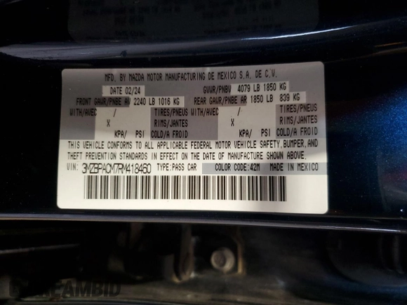 2024 Mazda 3 S Preferred с VIN 3MZBPACM7RM418460, выставлен на аукционе Copart как лот 64740605 с пробегом 25 886 миль миль и Чистый • Clean title. История ставок и продаж доступна на DreamBid. Изображение 13.