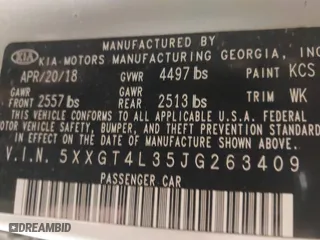 2018 Kia Optima S with VIN 5XXGT4L35JG263409, listed as a IAAI auction lot 41646396 with 97,793 mi miles. Bid and sale history available at carsss.com. Image 9.