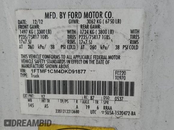 2013 Ford F-150 XL with VIN 1FTMF1CM4DKD91877, listed as a Copart auction lot 48806835 with 263,571 mi miles and Salvage Title. Bid and sale history available at carsss.com. Image 13.