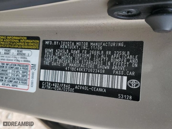 2007 Toyota Camry CE with VIN 4T1BE46KX7U623408, listed as a Copart auction lot 53290555 with 84,358 mi miles and Salvage Title. Bid and sale history available at carsss.com. Image 14.