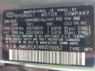 2022 Hyundai Tucson SEL Convenience with VIN KM8JFCA14NU076957, listed as a IAAI auction lot 42038770 with 20,057 mi miles and . Bid and sale history available at carsss.com. Image 9.