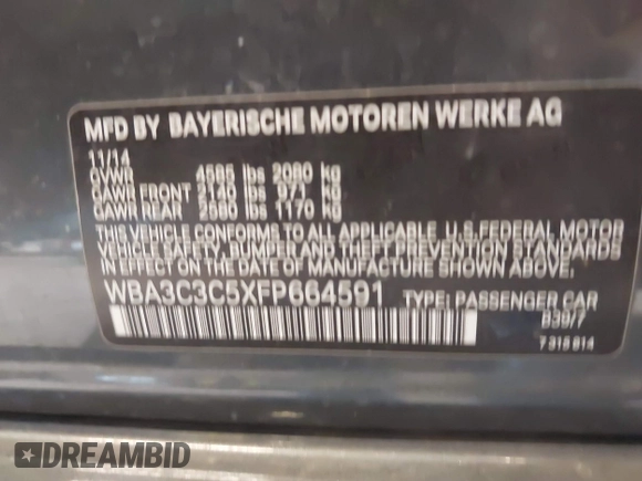 2015 BMW 3 Series 320i xDrive with VIN WBA3C3C5XFP664591, listed as a IAAI auction lot 42140108 with 81,064 mi miles and . Bid and sale history available at DreamBid. Image 9.