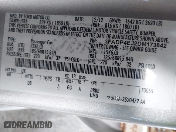 2013 Ford Fiesta SE with VIN 3FADP4EJ2DM173842, listed as a IAAI auction lot 42048262 with 82,637 mi miles. Bid and sale history available at carsss.com. Image 9.