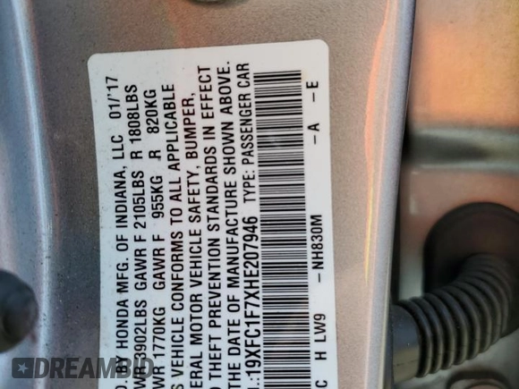 2017 Honda Civic EX-L z VIN 19XFC1F7XHE207946, wystawiony jako Copart lot #58730425 z przebiegiem 58 564 mil mil oraz Szkoda całkowita • Salvage title. Historia ofert i sprzedaży dostępna na DreamBid. Obrazek 12.