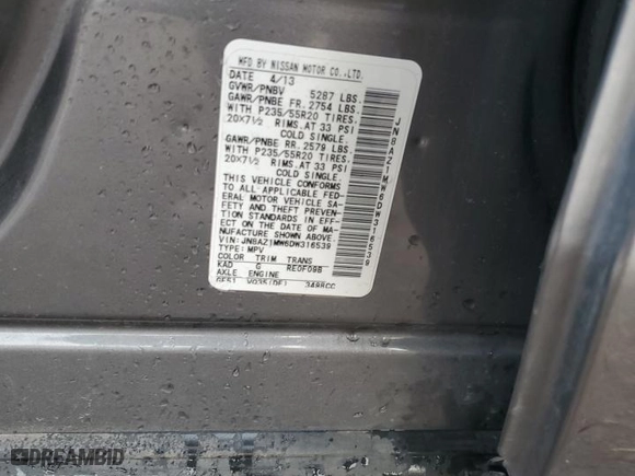 2013 Nissan Murano SL with VIN JN8AZ1MW6DW316539, listed as a Copart auction lot 45643175 with 113,163 mi miles and Salvage Title. Bid and sale history available at carsss.com. Image 13.