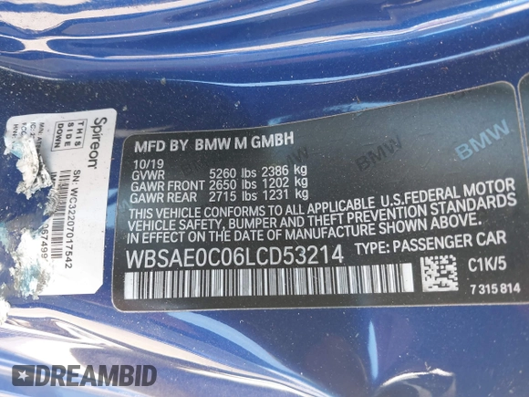 2020 BMW M8 z VIN WBSAE0C06LCD53214, wystawiony jako IAAI lot #38301455 z przebiegiem 20 410 mil mil oraz . Historia ofert i sprzedaży dostępna na DreamBid. Obrazek 9.